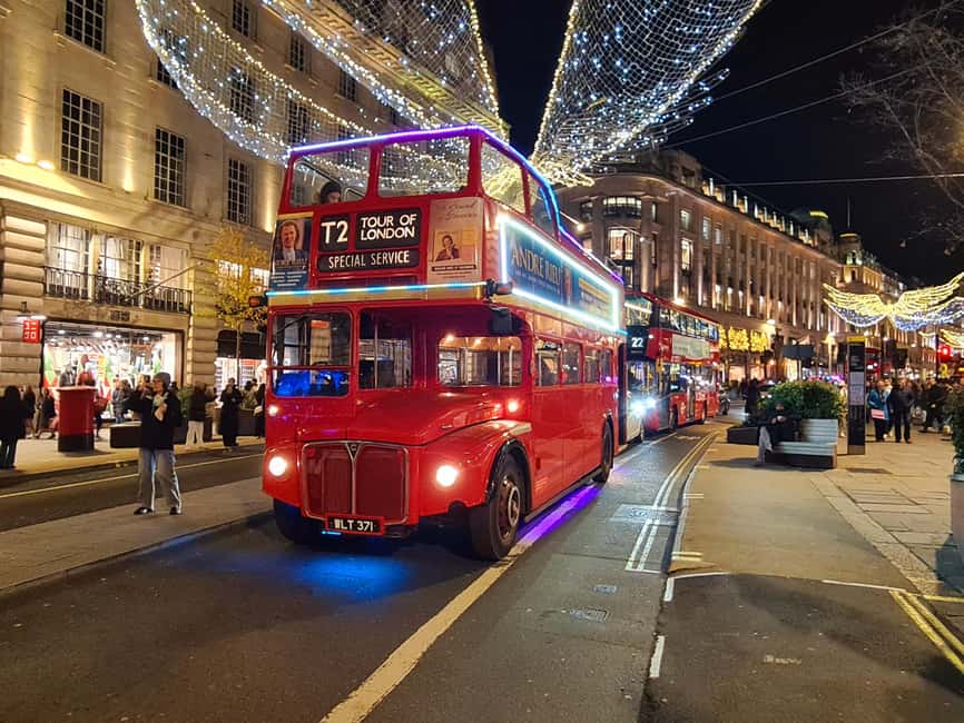 London: Christmas Lights Tour by Vintage Bus - Whitehall back toward Parliament, Big Ben, and the London Eye